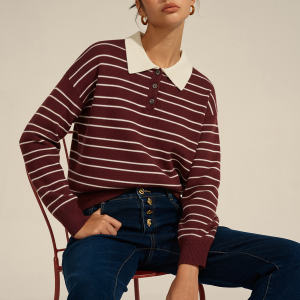 Striped Long Sleeved Knit Polo Top