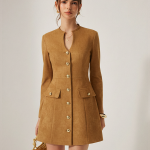 Metal Button Suede Effect Keyhole-Neck Mini Dress