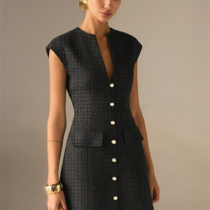 Metal Button Tweed Sleeveless Mini Dress
