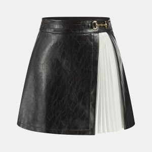 Contrast Pleated Faux Leather Mini Skirt