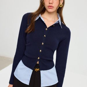Striped Shirt Panel Metal Button Knit Top