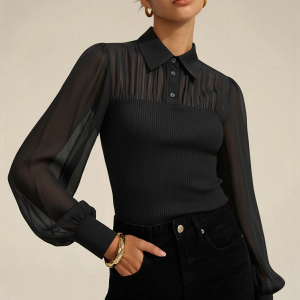 Ribbed Panel Semi-Sheer Long-Sleeve Shirt