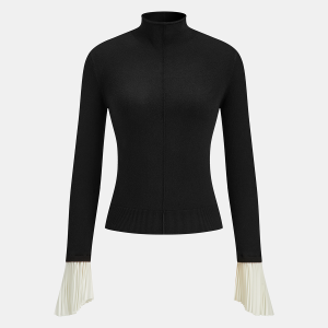 Contrast Pleated Cuff Mock Neck Sweater