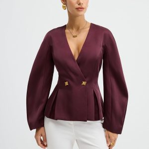 Metal Button Puff Sleeve Peplum Blazer
