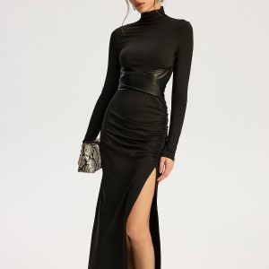 Belted High-Slit Turtleneck Maxi Dress