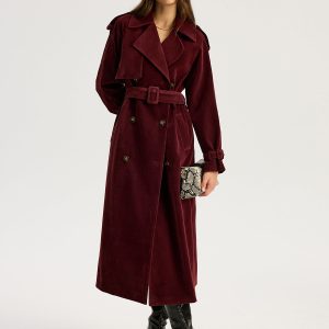 Belted Double-Breasted Suede Effect Long Trench Coat