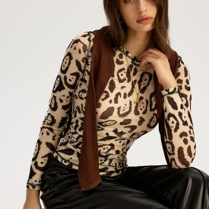 Leopard Print Mesh Long Sleeve Top