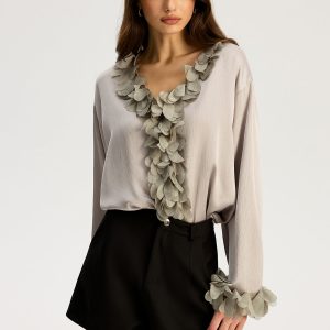 Floral Petal Trim V-Neck Shirt