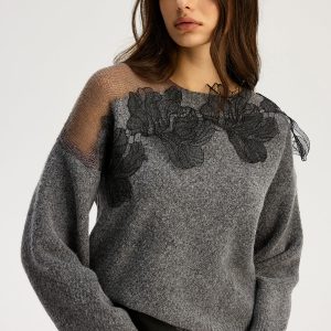 Floral lace Sweater Semi Sheer Round Neck Sweater