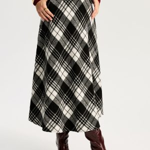 High Waist Line Flared Plaid Long Skirt