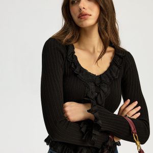 Ruffled Ribbed Long-sleeve Knit Top