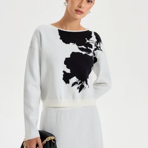 Ink-Wash Painting Pattern Round Neck Knit Top