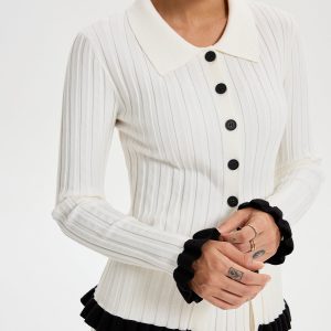 Rib-knit Cardigan with Contrasting Ruffles