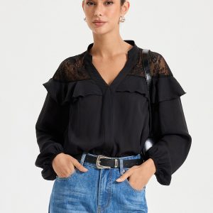 Black Lace Detailed Long Sleeve Blouse