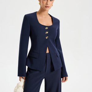 Metal Button Square Neck Blazer