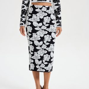 Floral Pattern Knit Midi Skirt