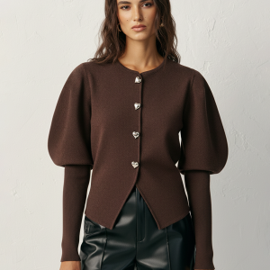 Leg-Of-Mutton Sleeve Heart-Button Wool Blend Cardigan
