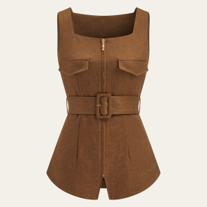 Square Neck Zip Front Belted Vest