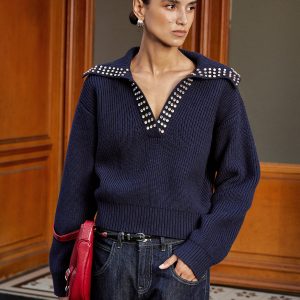 Studded Collar Wool Blend V-Neck Sweater