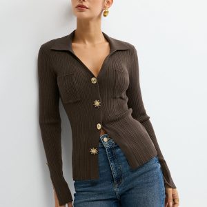 Polo Neck Ribbed Knit Top