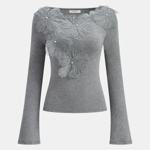 Faux Pearl Decor 3D Floral Fitted Soft Knit Top