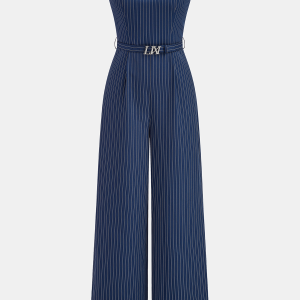 Transparent Strap Belted Pinstripe Jumpsuit