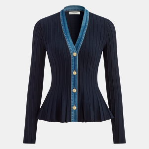 Denim Trim Knitted Peplum Cardigan