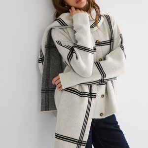 Wrap Scarf Check Print Cardigan