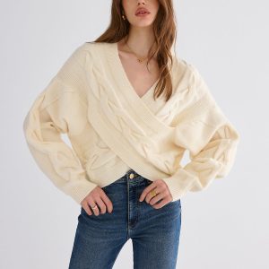 Cable Knit Cross-Front V-Neck Sweater