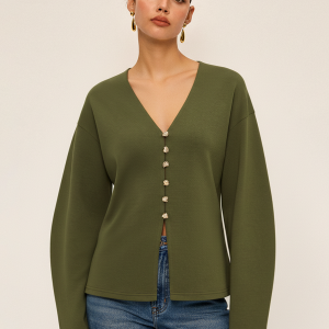 V-neck Longline Fitted Waist Cardigan
