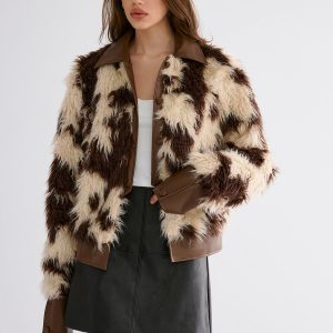 Faux Leather Panel Faux Fur Coat