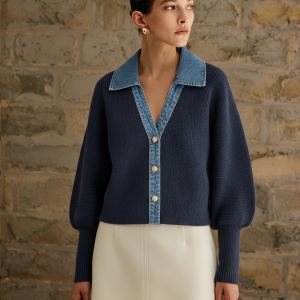Leg-Of-Mutton Sleeve Denim Panel Knit Cardigan