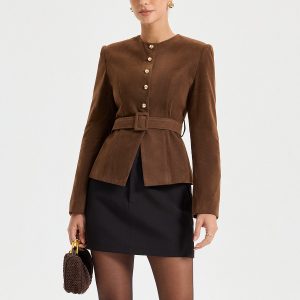Belted Suede Effect Metal Button Blazer