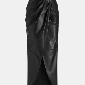 Slit Pleated Fitted PU Midi Skirt