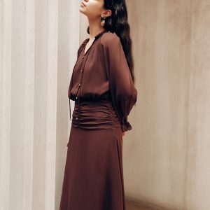 Tie-Neck Ruched Chiffon Maxi Dress