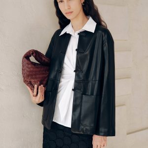 Knot Button Faux Leather Jacket