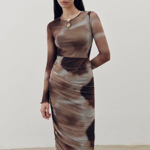 Tie-Dye Ruched Mesh Maxi Dress