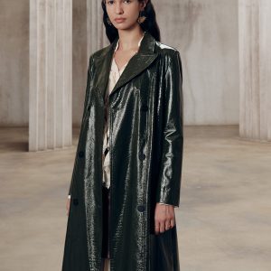 Gradient Double-Breasted Belted PU Leather Coat