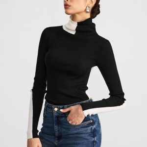 Color-Block Turtleneck Ribbed Knit Top