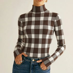 Checkered Wool-Blend Mock Neck Knit Top