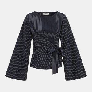 Flared Sleeve Pinstripe Wrap Blouse