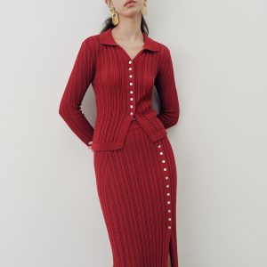 Collared Knit Top and Slit Skirt Set