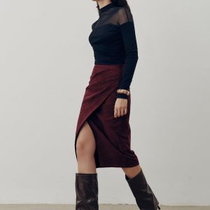 Suede Effect Pleated Slit Midi Skirt