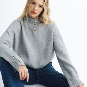 Button Detail Stand Collar Casual Sweater