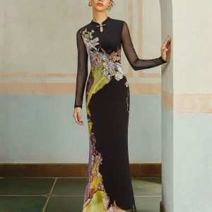 Mesh Long Sleeve Floral Print Maxi Dress