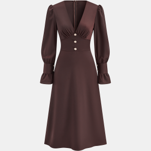 V-Neck Puff Sleeve Button Fitted Dress