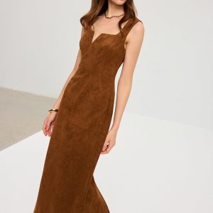 Suede Effect Low-Neck Sleeveless Maxi Dress