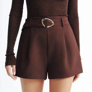 Belted High-Waisted Pleated Shorts