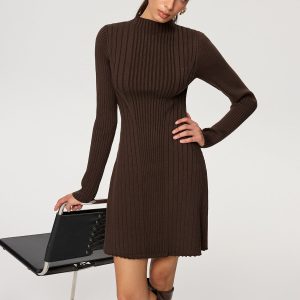 Ribbed Mock Neck Long Sleeve Knit Dress