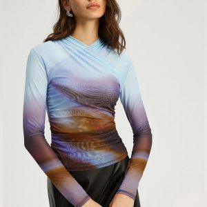 Criss Cross Printed Mesh Long-Sleeve Top